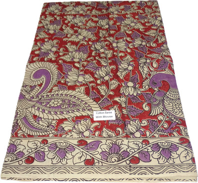 Velora Enterprises Printed, Floral Print Kalamkari Handloom Cotton Blend Saree(Multicolor)