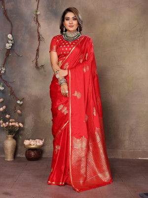 Divastri Woven Banarasi Satin, Silk Blend Saree(Red)