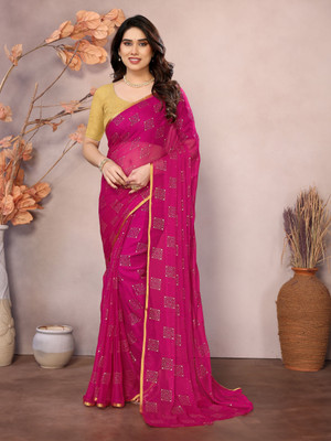 Ladymint Woven, Self Design, Embellished Baluchari Chiffon Saree(Magenta)