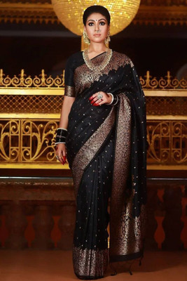 MAHADEV DESIGN Woven Kanjivaram Jacquard, Pure Silk Saree(Black)
