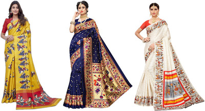 YASHIKA Printed Banarasi Art Silk Saree(Pack of 3, Yellow, Dark Blue, Cream)