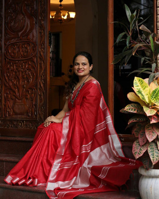 Hatha Karagha Solid/Plain Bhagalpuri Cotton Linen Saree(Red)