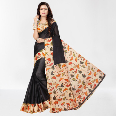 Vimalnath Synthetics Printed Kalamkari Cotton Blend Saree(Black)