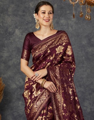 Samah Woven, Embellished, Self Design Kanjivaram Silk Blend, Jacquard Saree(Maroon, Gold)