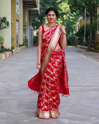 ZILVIRA Woven Kanjivaram Jacquard, Art Silk Saree(Red)