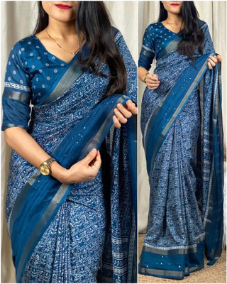 djn creation Printed Bollywood Silk Blend Saree(Blue)