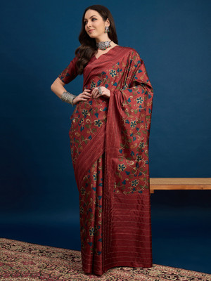 Sareemall Floral Print Daily Wear Silk Blend Saree(Maroon)