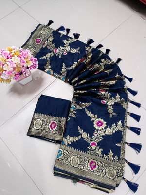 Spensen Enterprise Self Design Kanjivaram Jacquard Saree(Dark Blue)