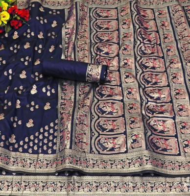 Vomira Woven Baluchari Silk Blend, Art Silk Saree(Dark Blue)