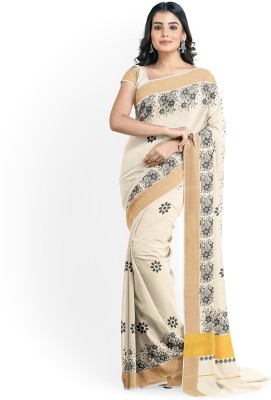 Vairavaa Tex Printed Kasavu Pure Cotton Saree(Cream)