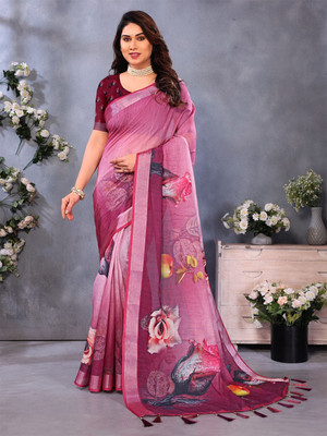 HouseOfCommon Floral Print Bollywood Linen Saree(Maroon)