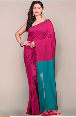 LushLooms Solid/Plain Handloom Cotton Blend Saree(Pink)