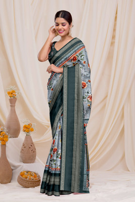 HouseOfCommon Digital Print Bollywood Art Silk Saree(Dark Green, Grey)