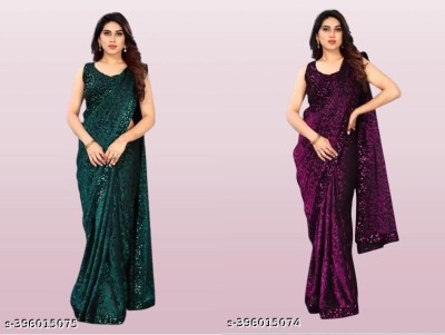 Vragi Embellished Bollywood Lycra Blend Saree(Pack of 2, Green, Purple)