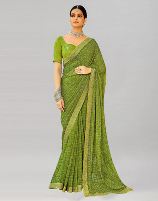 Samah Printed, Embellished Bandhani Georgette Saree(Green, White)