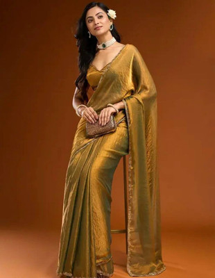 SHOPBAZAR Solid/Plain, Striped Saree with Attached Blouse Chiffon, Organza Saree(Gold)