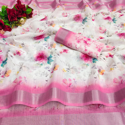 TANURI Printed Bollywood Cotton Linen, Cotton Silk Saree(White)