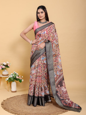 SL F Floral Print, Printed Bollywood Cotton Linen Saree(Multicolor, Pink)