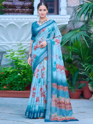 Tasrika Digital Print Bandhani Cotton Linen Saree(Light Blue)
