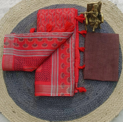 SANJEVAY Printed Bollywood Linen Saree(Red)