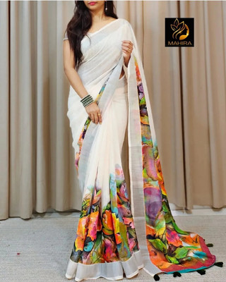 Gajal Self Design Bollywood Linen Saree(White)
