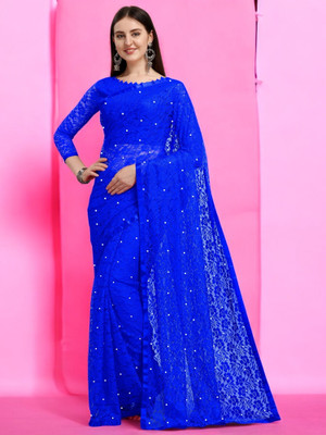 NORAFLEX Embroidered Bollywood Net Saree(Blue)