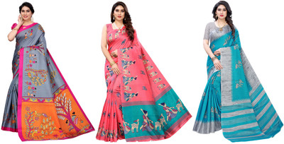 YASHIKA Woven Kasavu Art Silk Saree(Pack of 3, Grey, Pink, Blue)