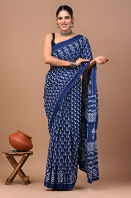 Printed Threads Blocked Printed Daily Wear Pure Cotton Saree(Dark Blue)