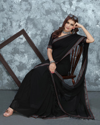 PRETTYAGE Dyed, Solid/Plain Banarasi Georgette Saree(Black)