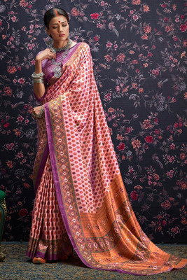 all about you Woven Patola Cotton Blend Saree(Pink)