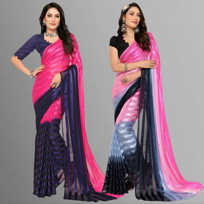 kashvi sarees Striped Bollywood Satin Saree(Pack of 2, Pink, Blue, Black)