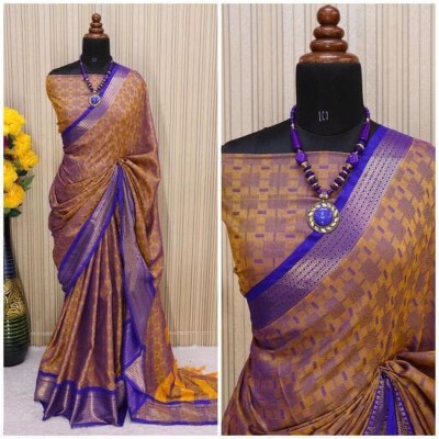 Lady Bazaar Printed, Digital Print, Temple Border, Embroidered, Embellished, Woven, Applique, Checkered Dharmavaram Jacquard, Cotton Silk Saree(Yellow)