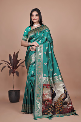 NENU FASHON Floral Print, Digital Print, Woven Bollywood Silk Blend Saree(Light Green)