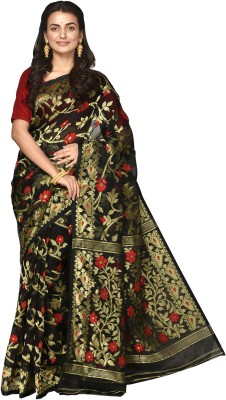 crochetin Woven Jamdani Cotton Blend Saree(Black, Gold, Red)