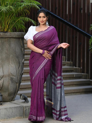 ACHOL Woven, Solid/Plain Handloom Cotton Blend Saree(Purple)