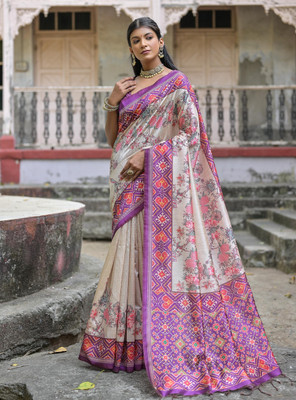 Tasrika Printed Patola Tussar Silk Saree(Beige, Purple)