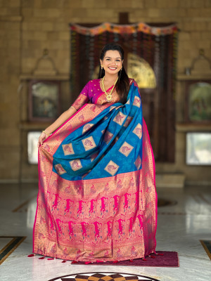 Yogik Creation Floral Print Banarasi Art Silk Saree(Blue)