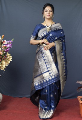 sarjan creation Woven Banarasi Pure Cotton, Cotton Silk Saree(Blue)