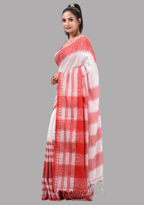 DADA VAI SAREE STORE Solid/Plain Handloom Handloom Pure Cotton, Cotton Blend Saree(White, Red)