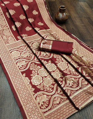 Samah Woven, Self Design, Embellished Banarasi Jacquard, Pure Silk Saree(Gold, Maroon)