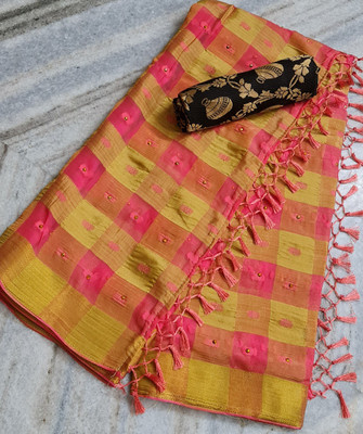 Stylish Sarees Woven, Checkered Banarasi Viscose Rayon, Chiffon Saree(Pink, Cream)