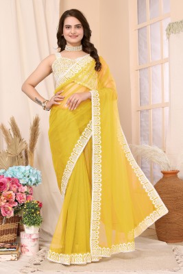 FABMORA Embroidered Bollywood Net Saree(Yellow)