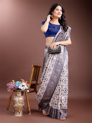 Tasrika Woven Banarasi Cotton Linen Saree(White, Dark Blue)
