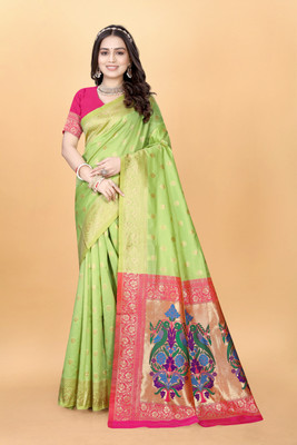 DHAYNAAND REEWA FASHION Woven Paithani Silk Blend Saree(Multicolor)