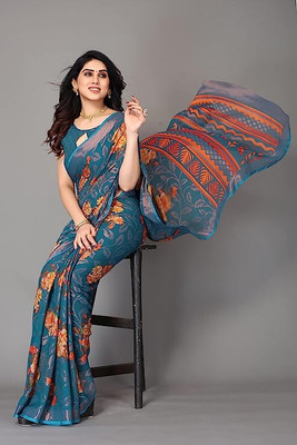 Ghan Sals Floral Print Daily Wear Brasso Saree(Light Blue)