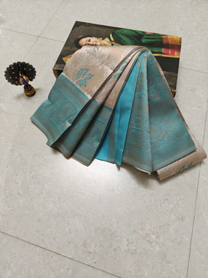NKL PEACOCK Geometric Print Handloom Raw Silk Saree(Dark Blue)