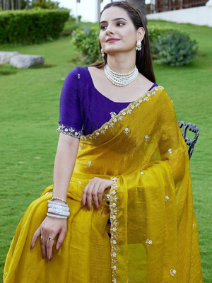 MANIBAA CLOTHING Embroidered Bollywood Chiffon Saree(Pack of 2, Yellow)