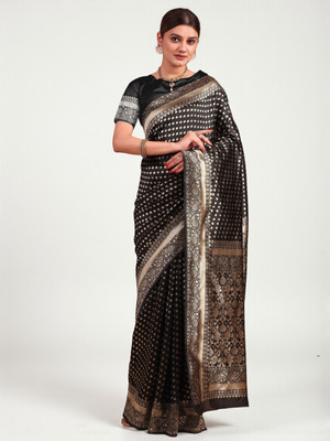 SAREEFLAME Embellished, Self Design, Solid/Plain, Striped, Temple Border, Floral Print, Woven Banarasi Art Silk, Cotton Silk Saree(Black)