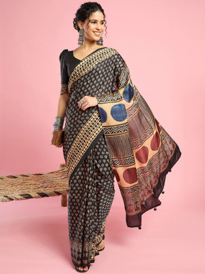 Tasrika Printed Hand Batik Silk Blend Saree(Black)