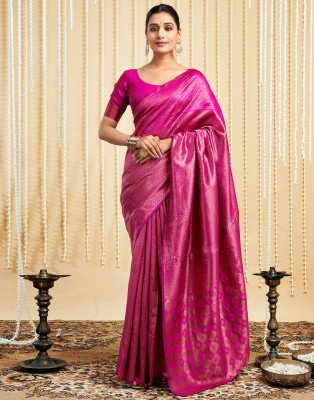 Samah Woven, Embellished, Self Design Kanjivaram Silk Blend, Jacquard Saree(Pink, Brown)